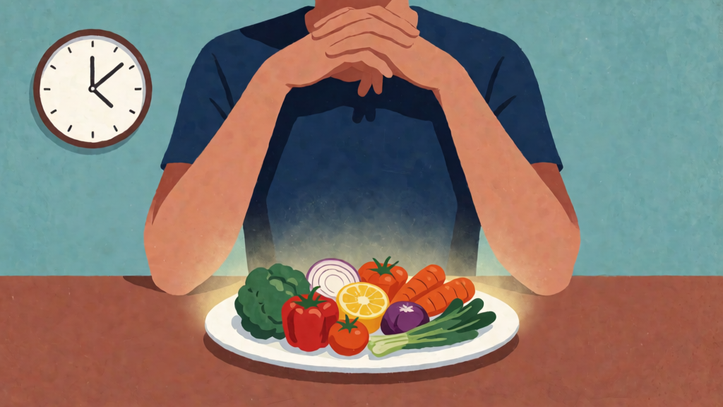 An editorial illustration of a person surrounded by fresh vegetables and a clock, symbolizing timed eating for health.