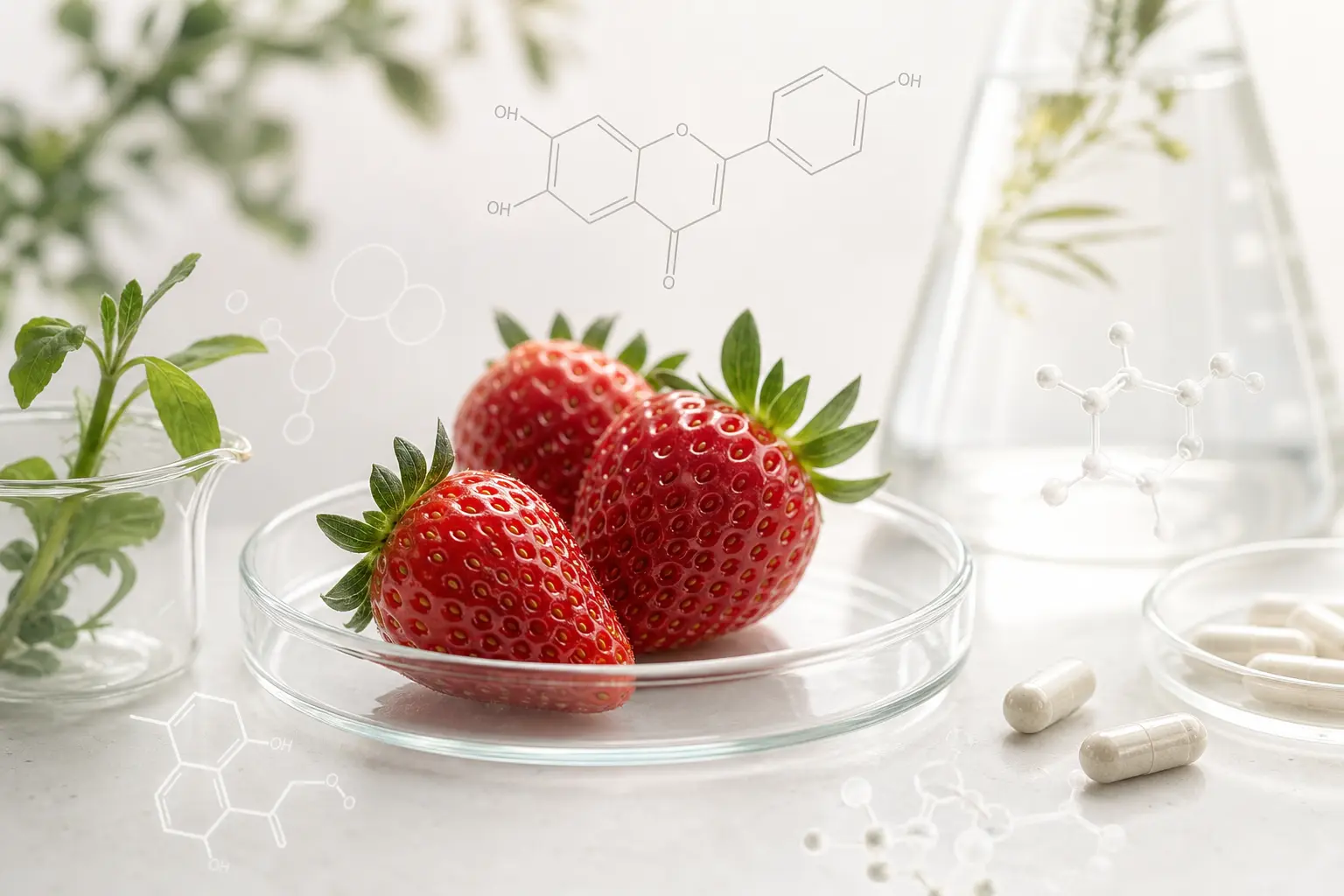 Strawberries and supplement capsules in a laboratory-inspired composition representing fisetin research