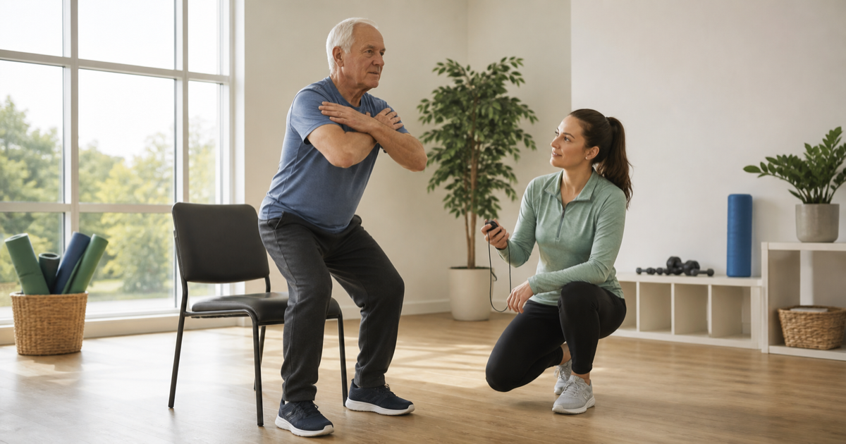 Older adult completing a sit-to-stand assessment with professional supervision