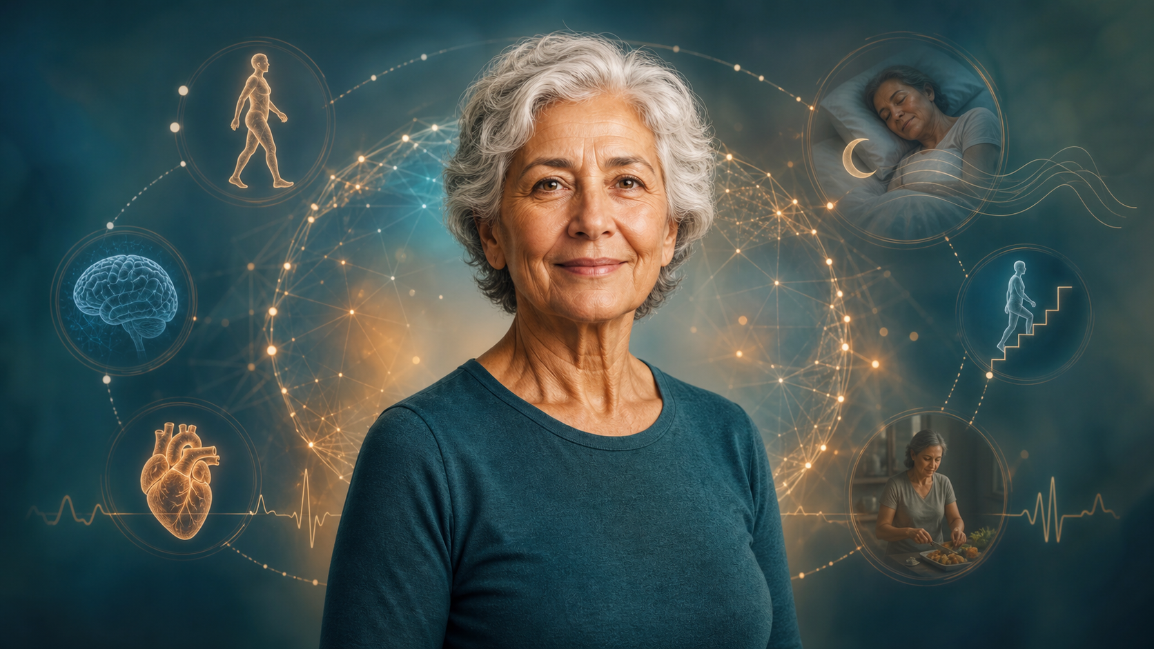 Editorial medical illustration of accumulated health signals forming a whole-person aging profile