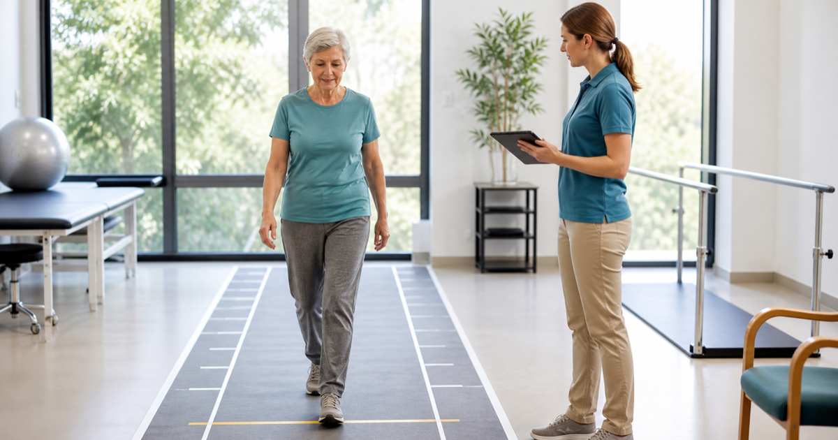 Older adult walking on a mobility assessment lane while a clinician observes