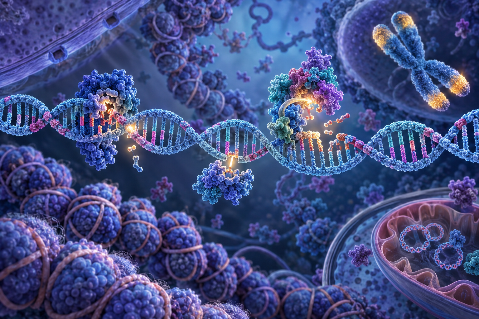 Scientific editorial illustration of DNA repair proteins working on localized lesions inside an aging cell nucleus