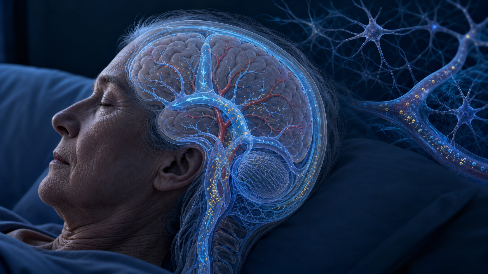 Scientific editorial illustration of cerebrospinal fluid pathways clearing metabolites from a sleeping brain