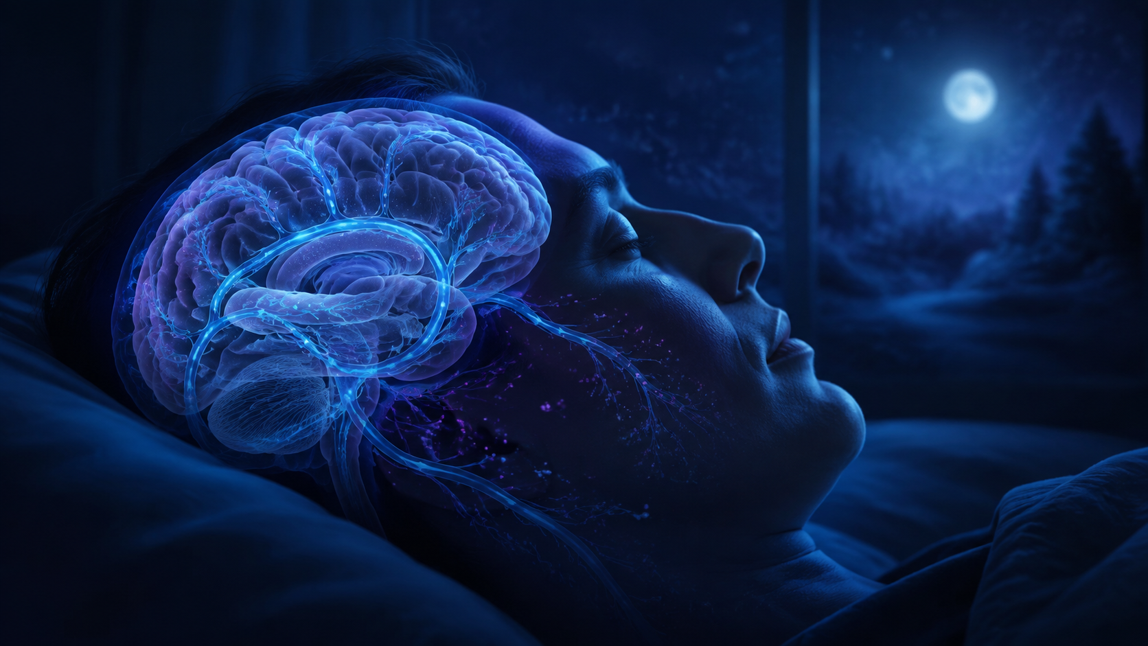 Nighttime scientific visualization of fluid pathways around a sleeping brain