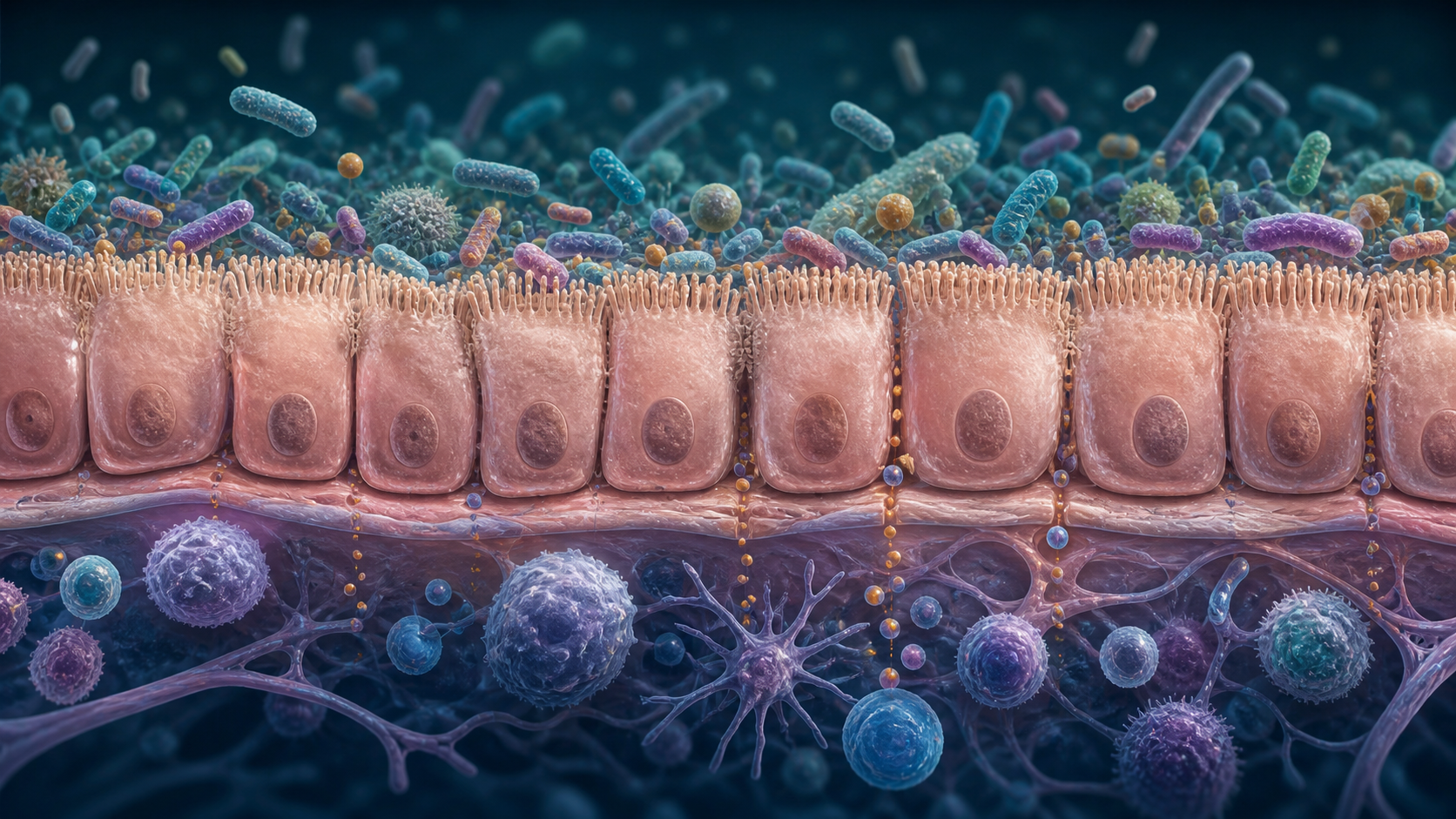 Scientific editorial illustration of an intestinal barrier separating gut microbes from immune tissue