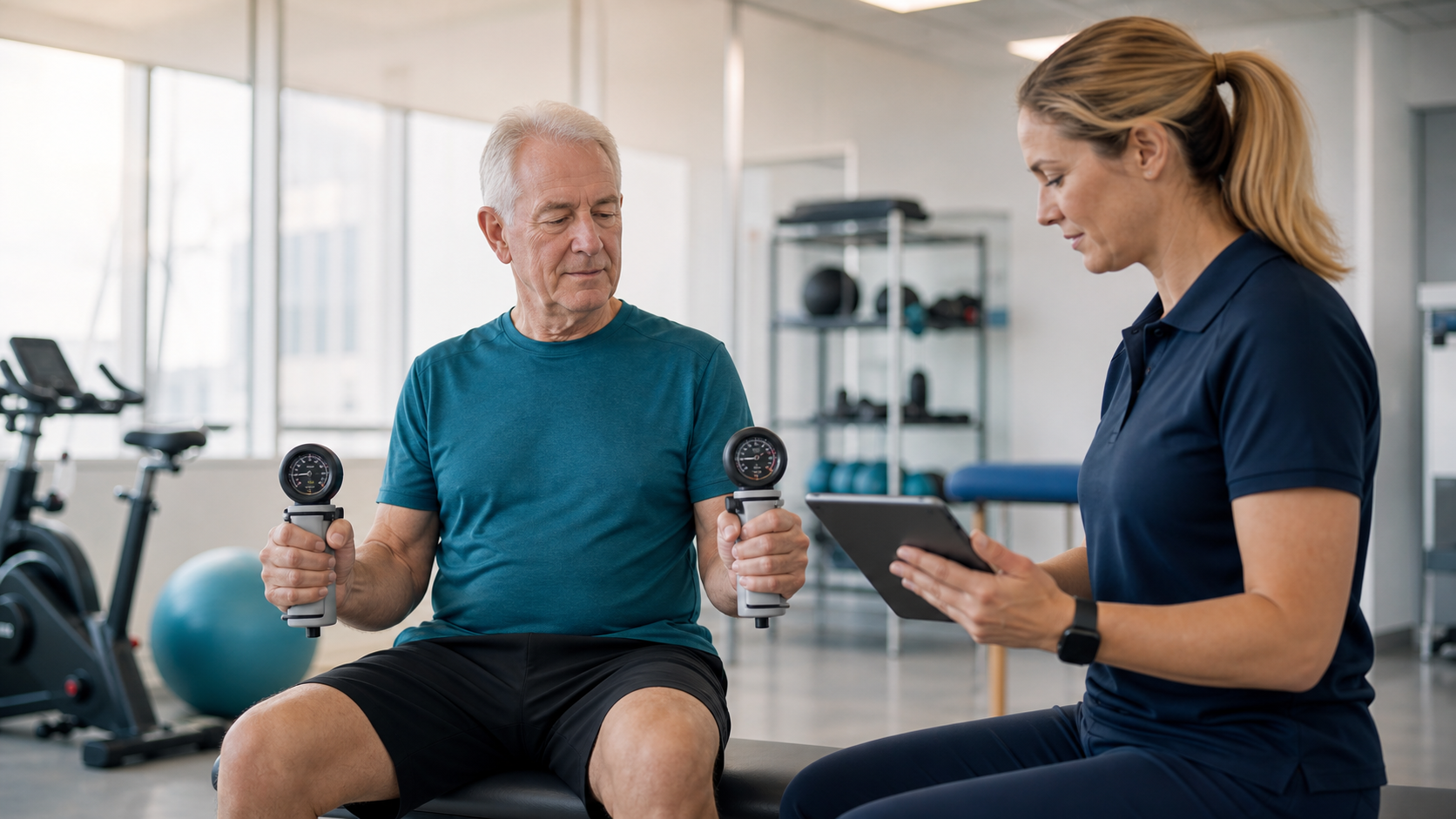 Older adult using two handgrip dynamometers while a clinician compares the results