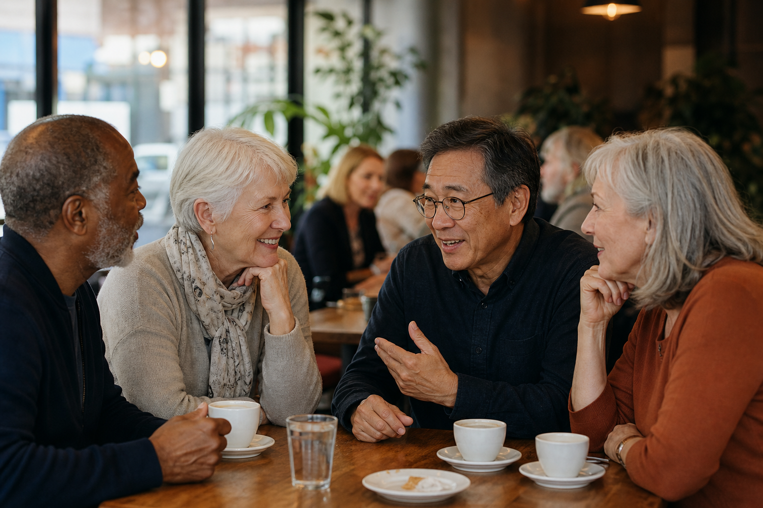 Older friends talking comfortably across a table in a softly lit busy cafe