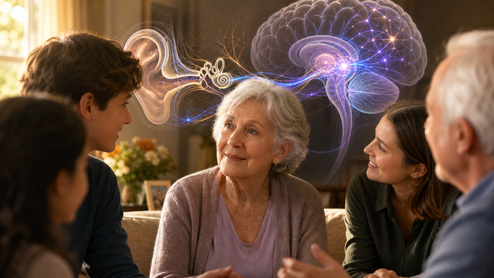 Editorial medical illustration connecting the ear, social communication, and an aging brain