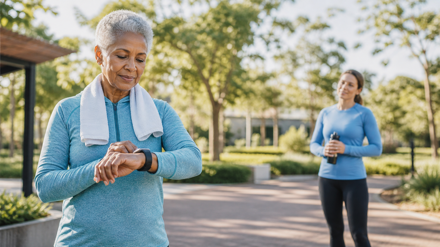 Older adult cooling down after a brisk exercise session while checking pulse recovery on a smartwatch.