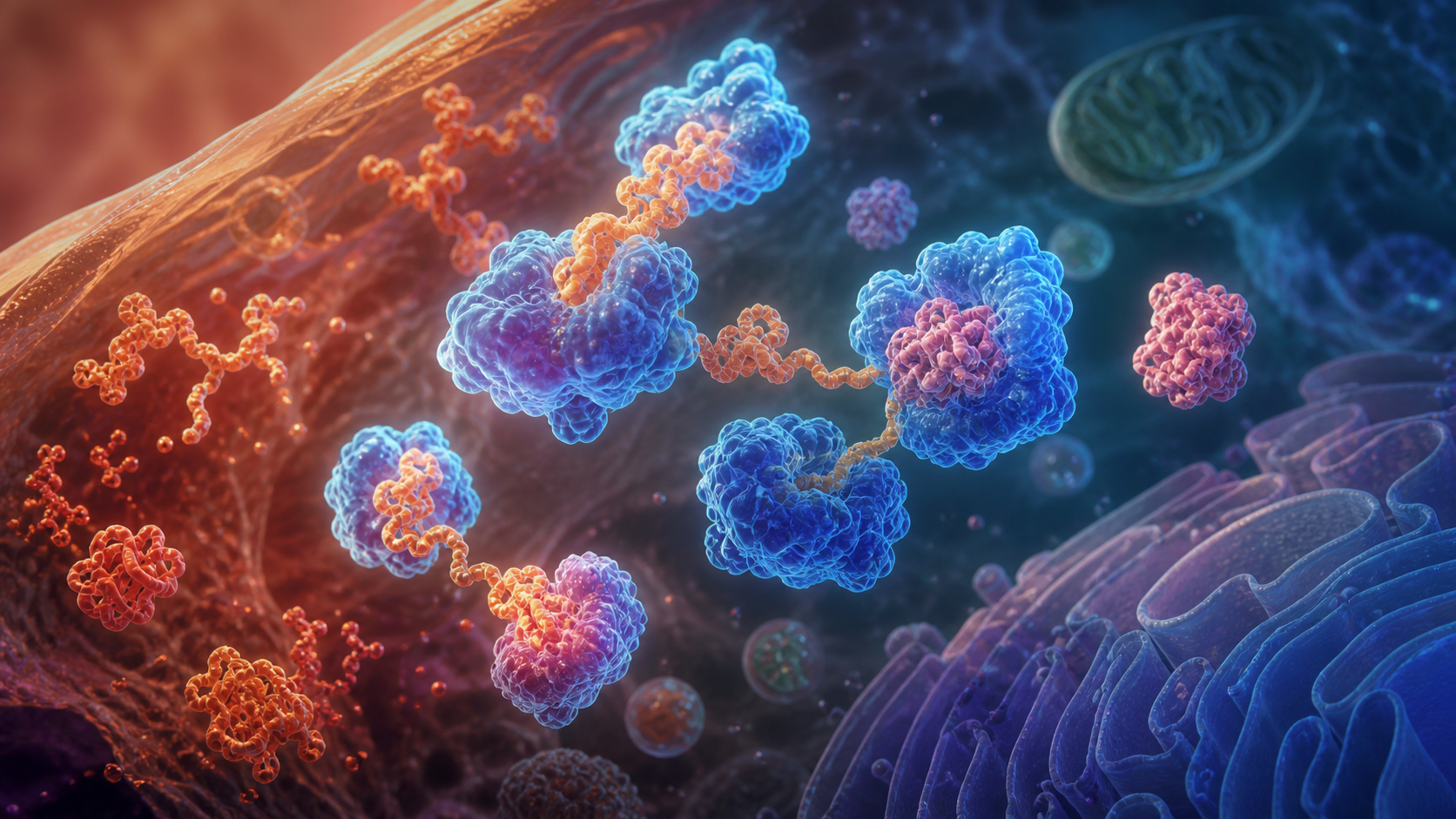 Medical editorial illustration of protective chaperone proteins stabilizing folded proteins during heat stress