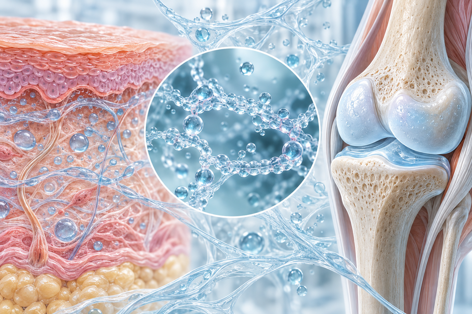 Medical illustration of hyaluronic acid in skin, extracellular matrix, and a knee joint