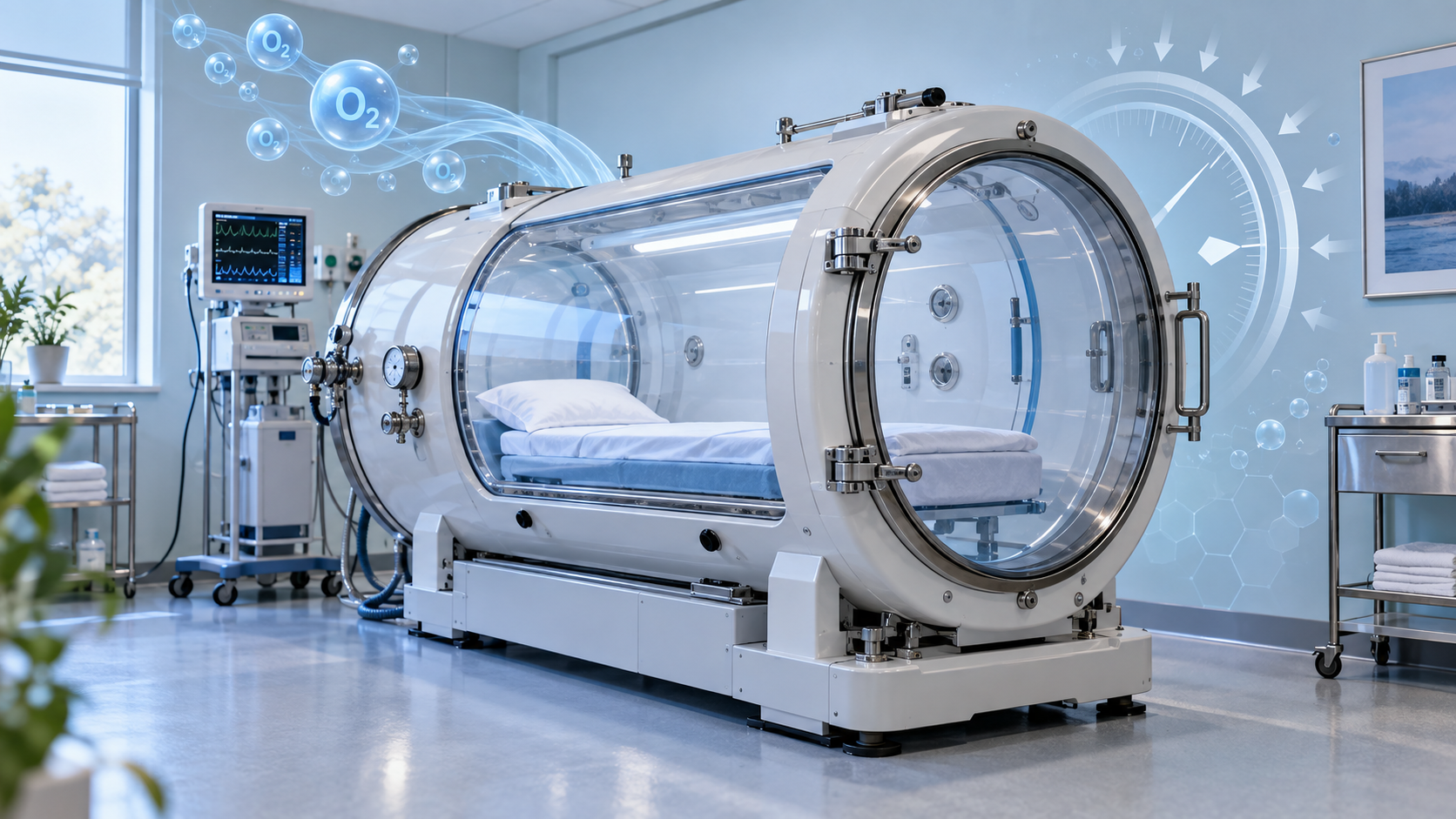 Modern hyperbaric oxygen therapy chamber in a clean clinical environment