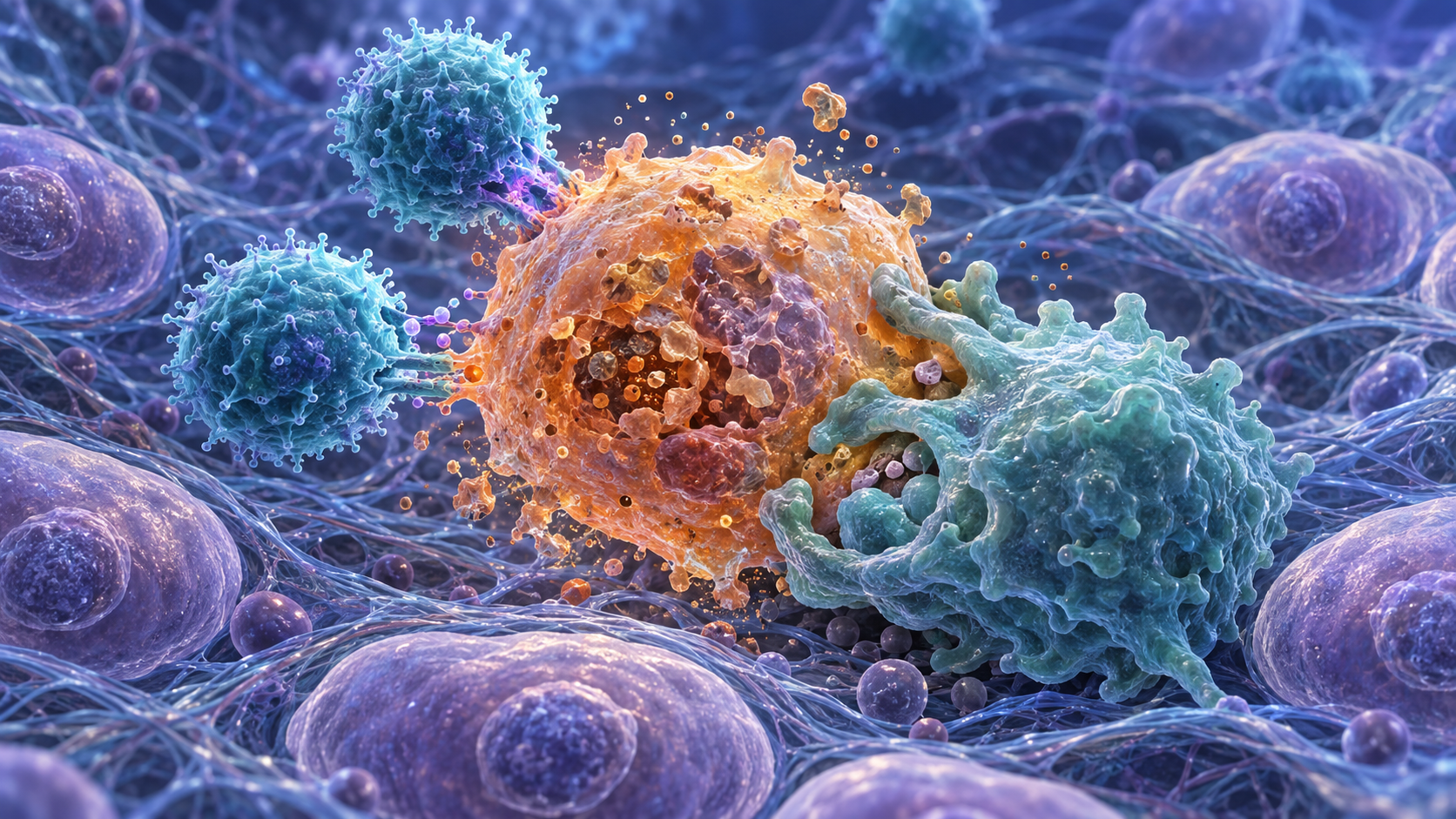 Scientific editorial illustration of immune cells identifying and clearing a senescent cell