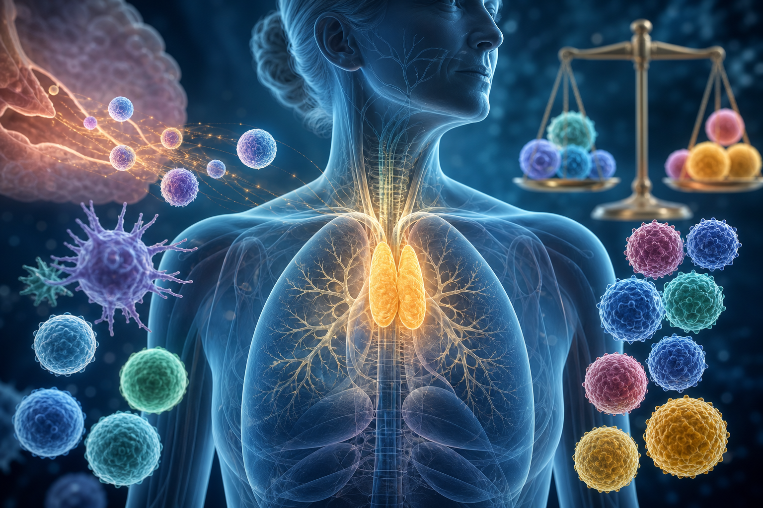 Medical research imagery representing immune system rejuvenation studies