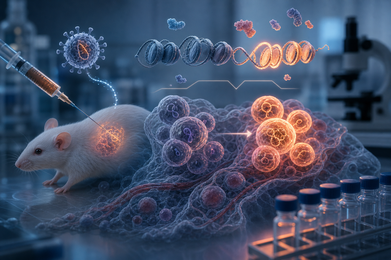Scientist examining molecular structures in a modern research laboratory, representing the cutting edge of in vivo reprogramming technology.
