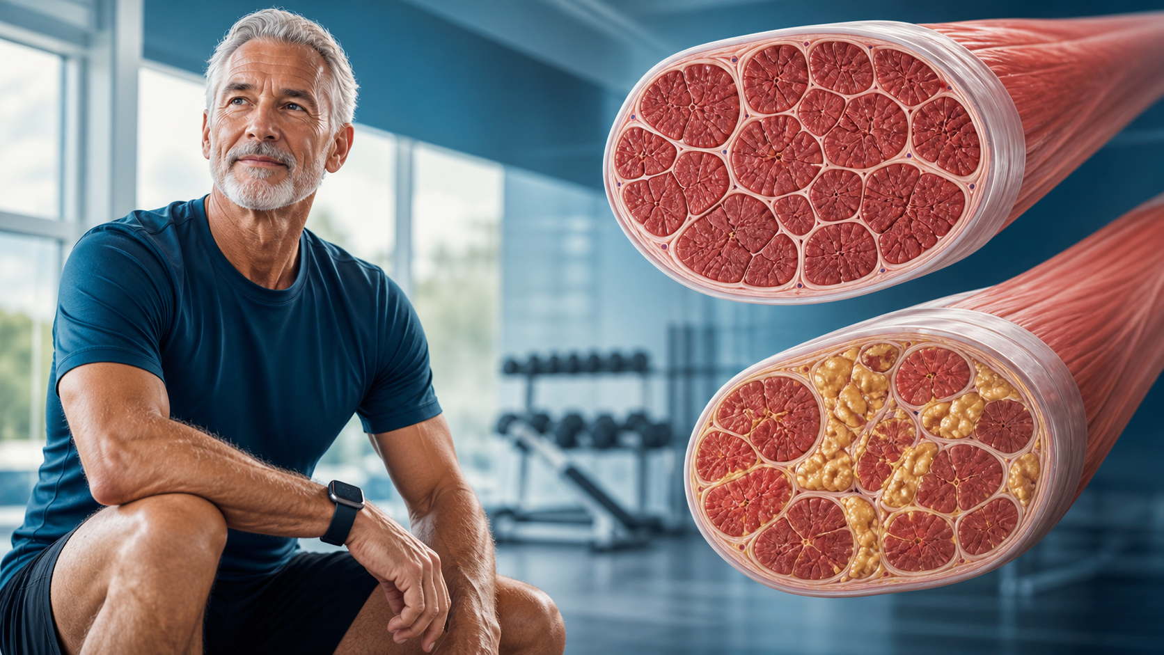 Medical editorial illustration showing healthy muscle fibers compared with age-related fat infiltration