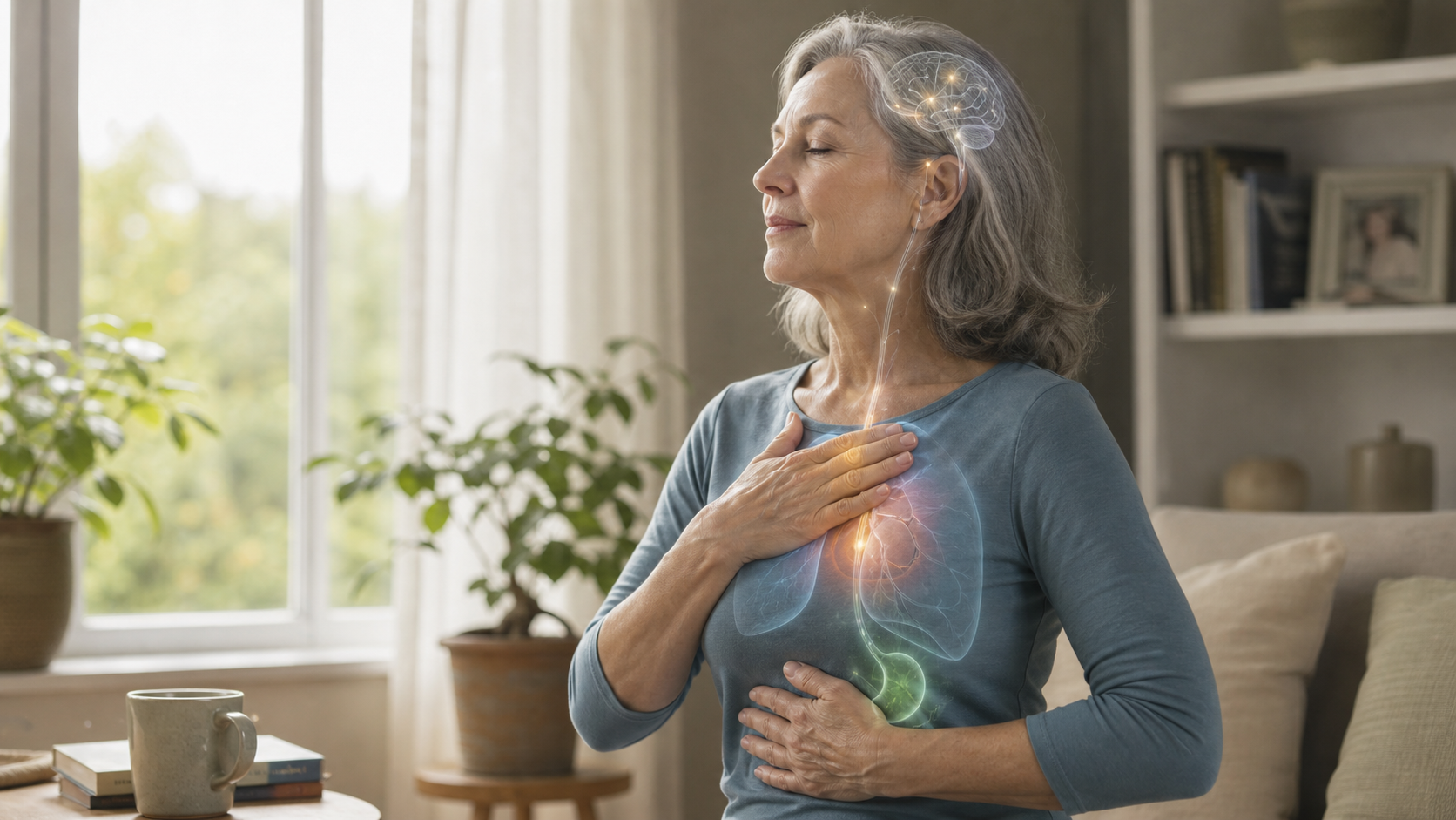 Older adult calmly noticing heartbeat and breathing during a quiet body-awareness exercise