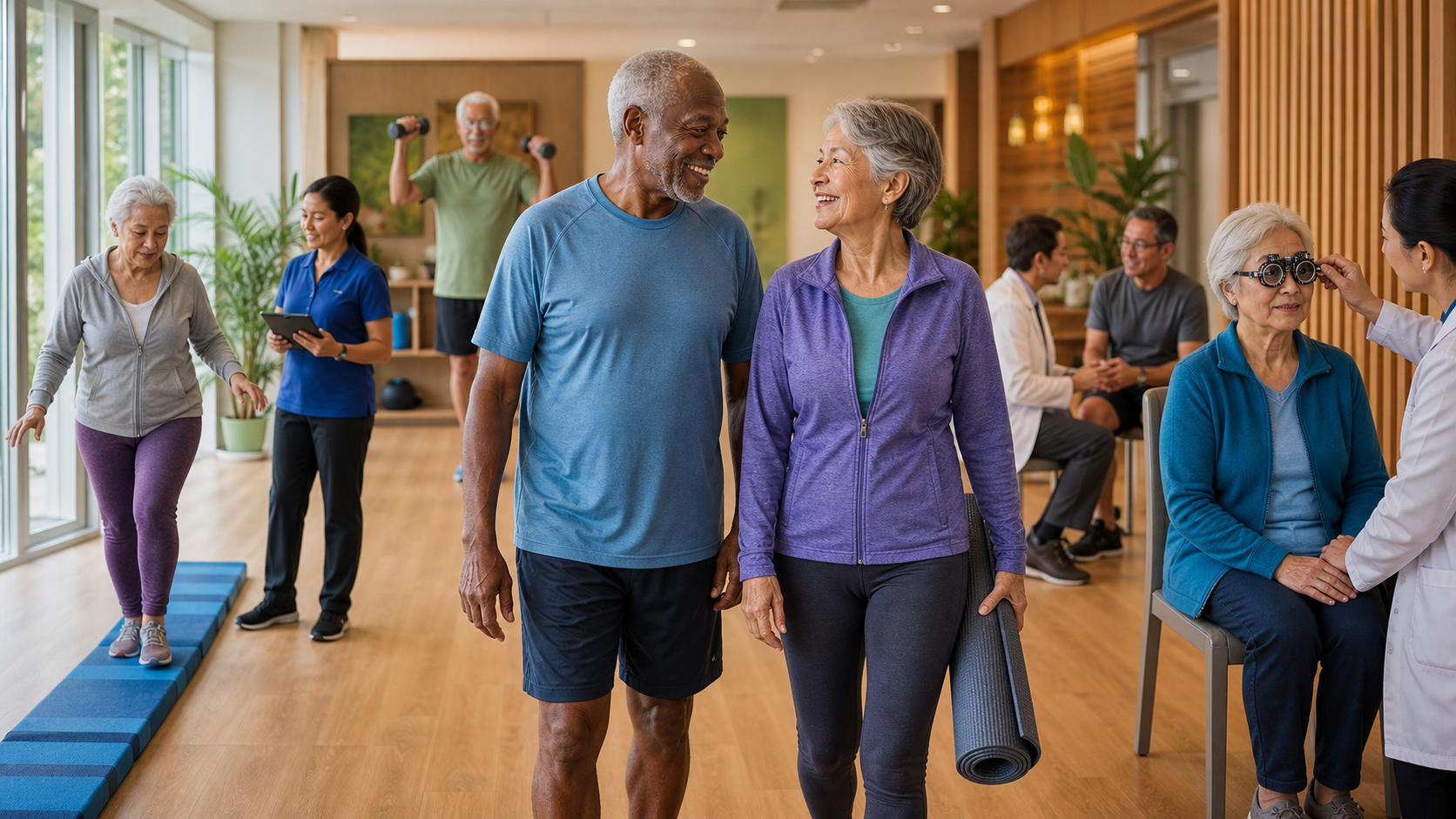 Older adults taking part in mobility, vision, strength, and wellbeing checks at a community health center