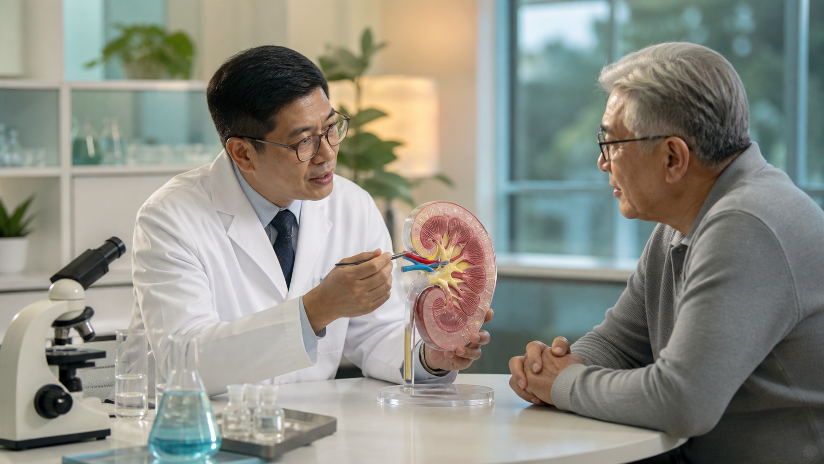 Clinical researcher discussing kidney filtration and healthy aging with an older adult.