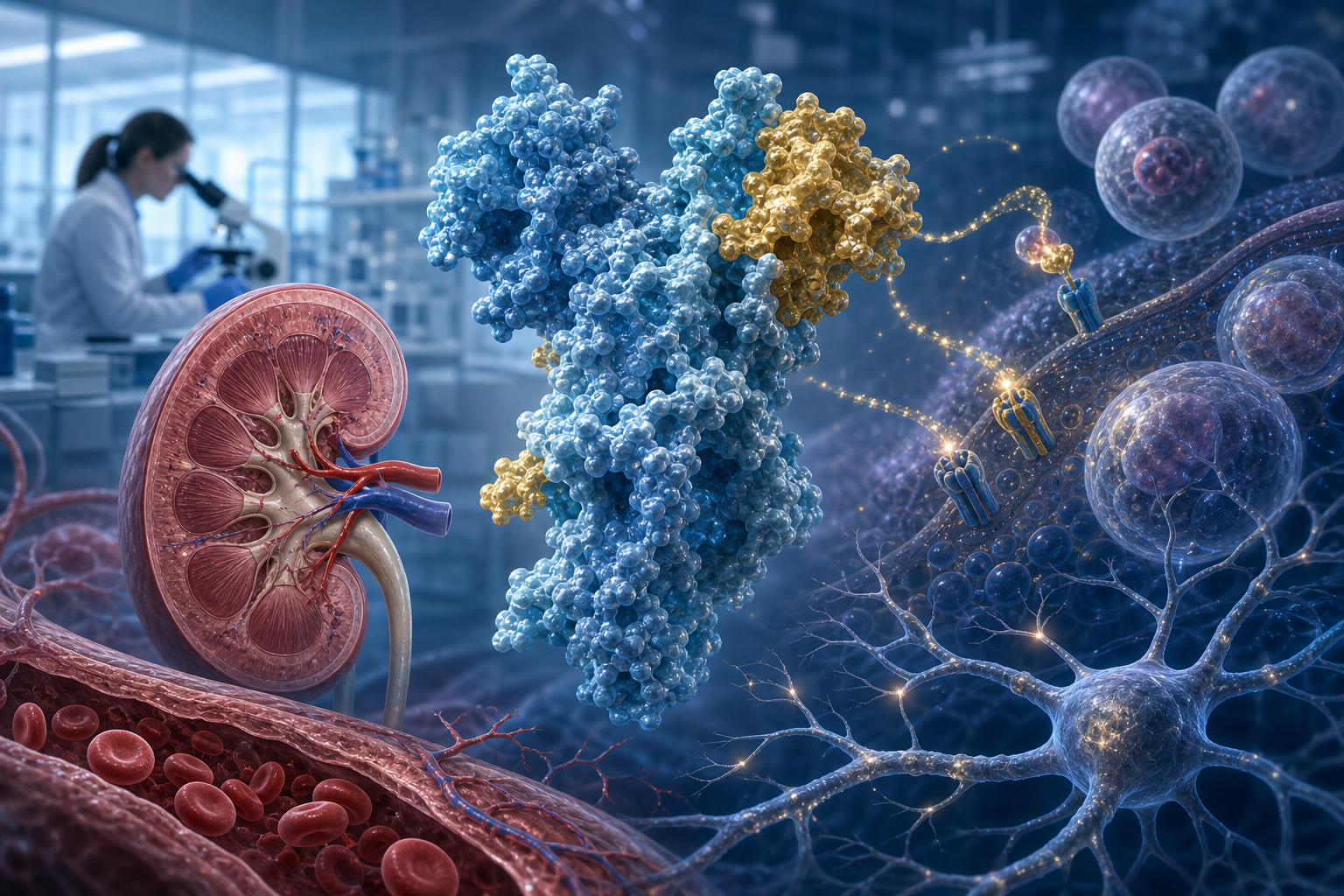 Scientific research setting representing klotho protein and anti-aging studies