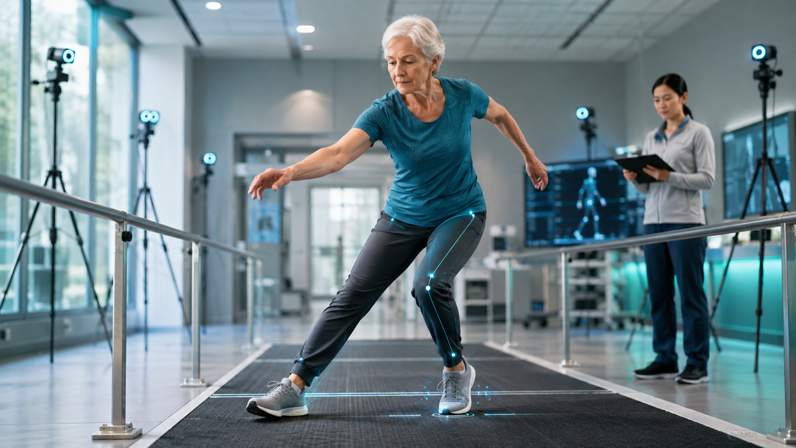 Older adult practicing a rapid protective step in a clinical movement laboratory