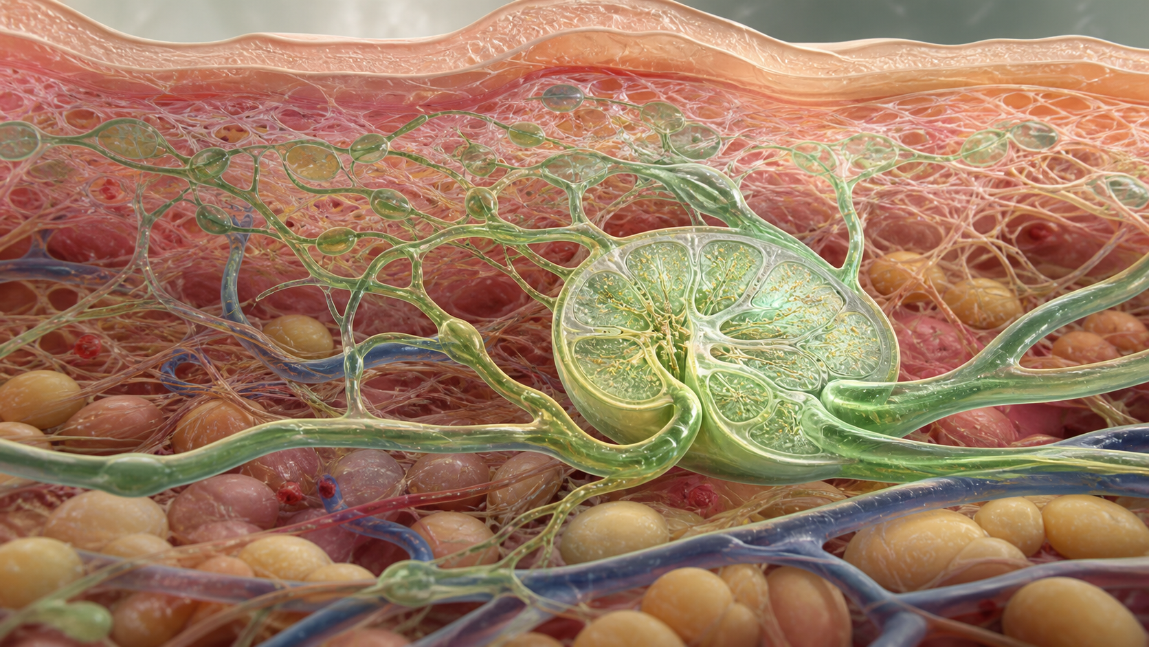 Editorial anatomical view of delicate lymphatic vessels returning fluid through human tissue