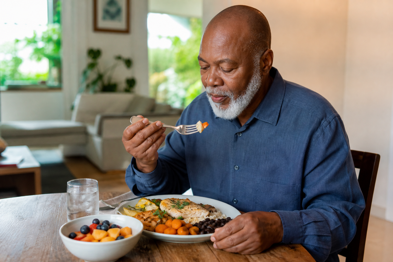 Older adult enjoying a colorful balanced meal in natural daylight