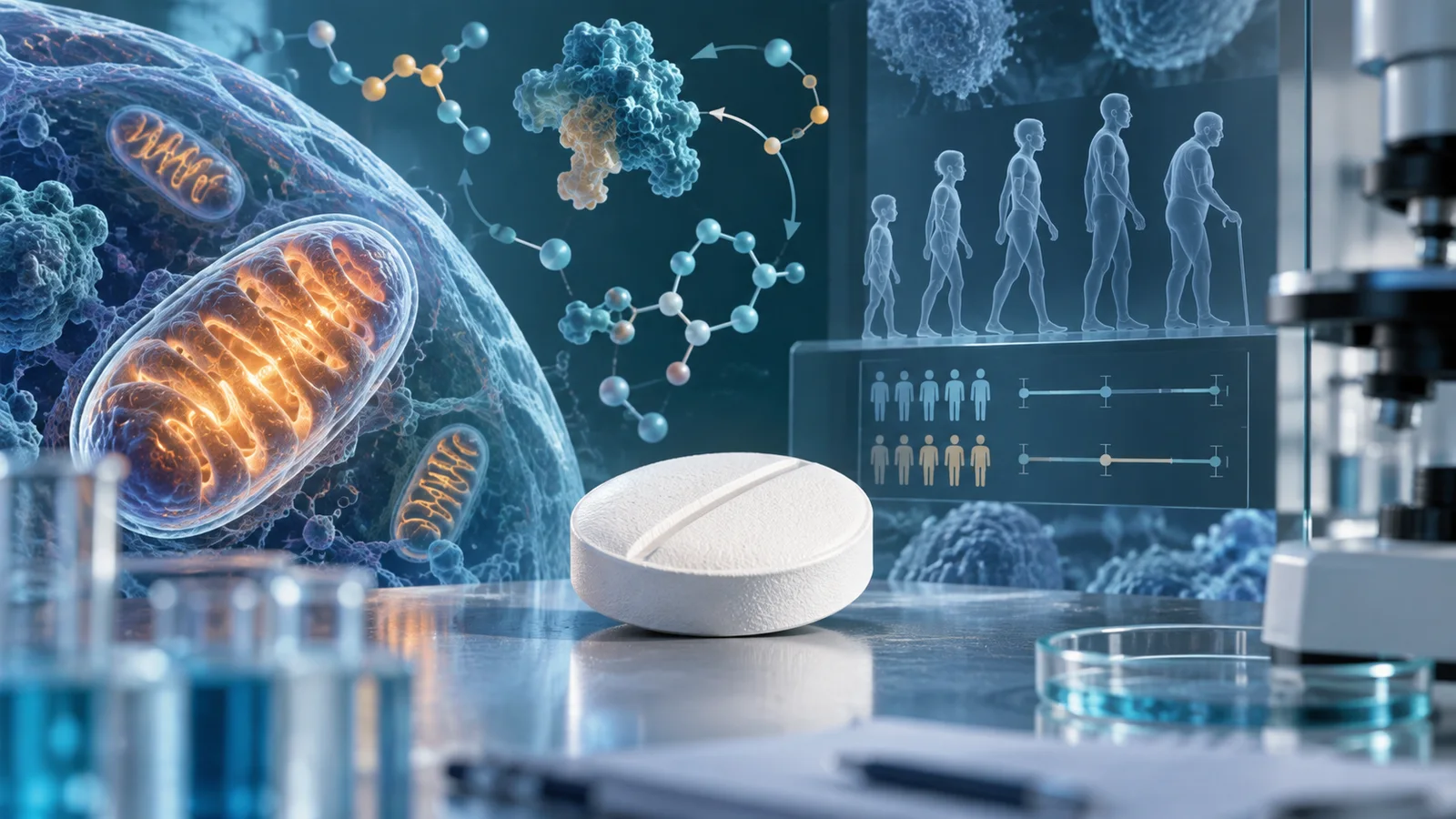 White metformin tablets spilling from a prescription bottle on a pharmacy counter