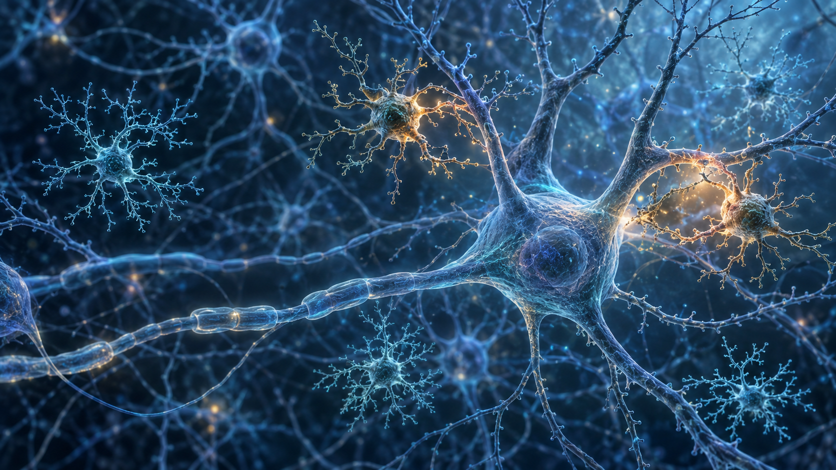 Scientific illustration of microglial immune cells monitoring neurons in the aging brain
