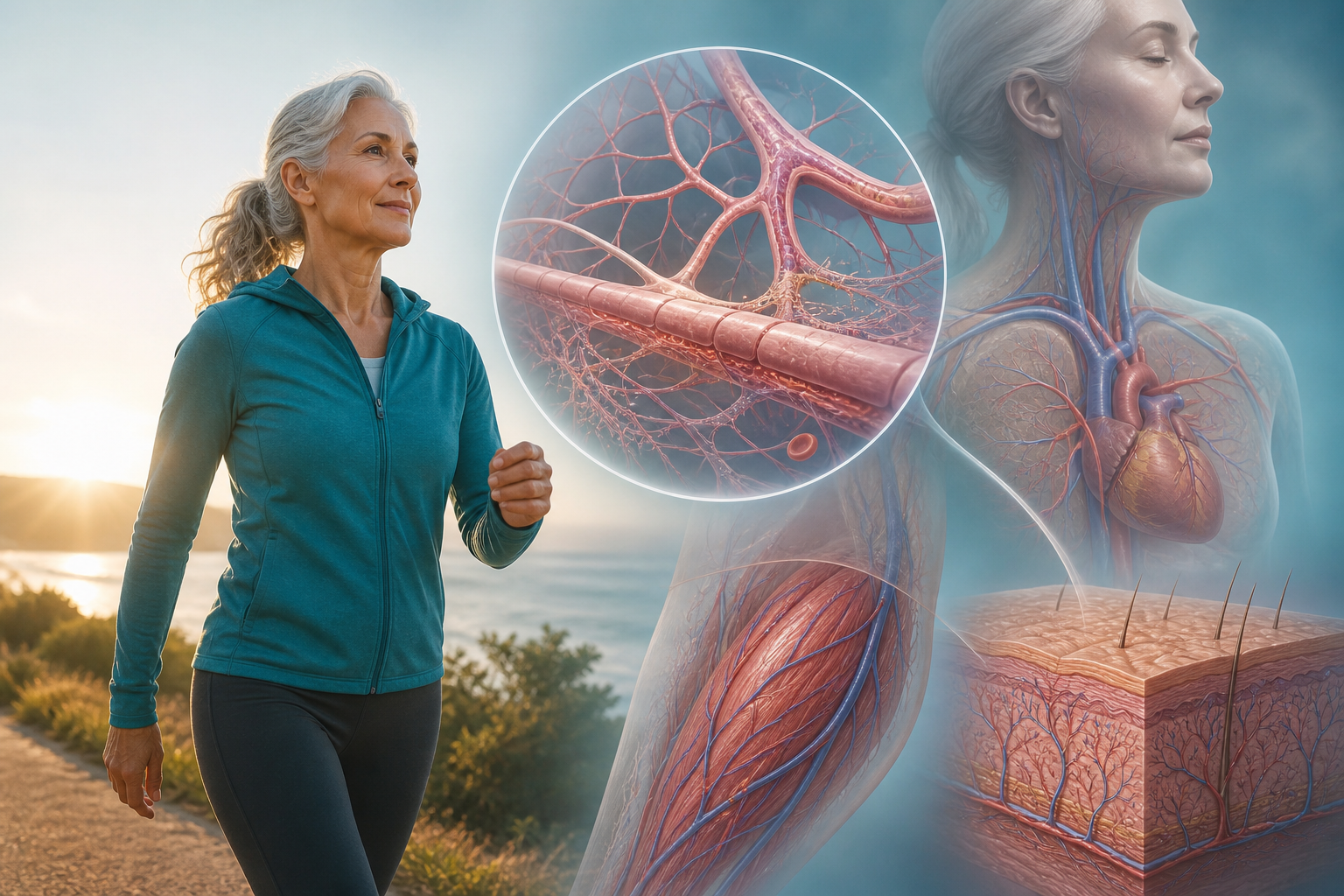Active older adult beside a detailed view of healthy small blood vessels
