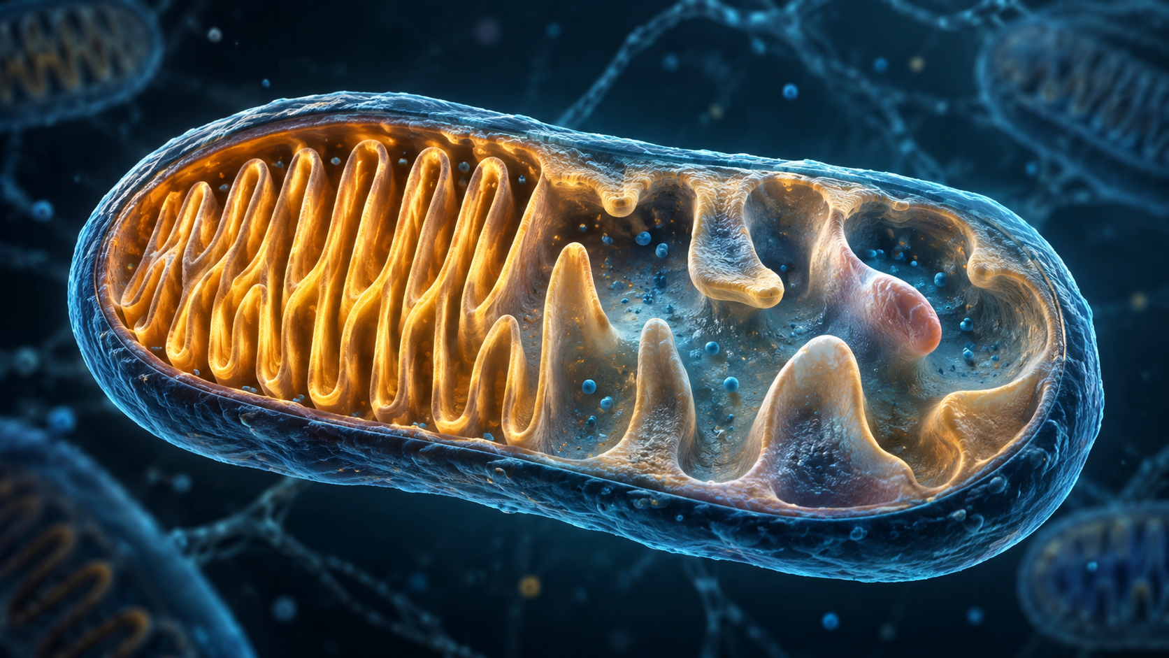 Original scientific illustration of a mitochondrion with organized cristae transitioning into less ordered inner-membrane folds