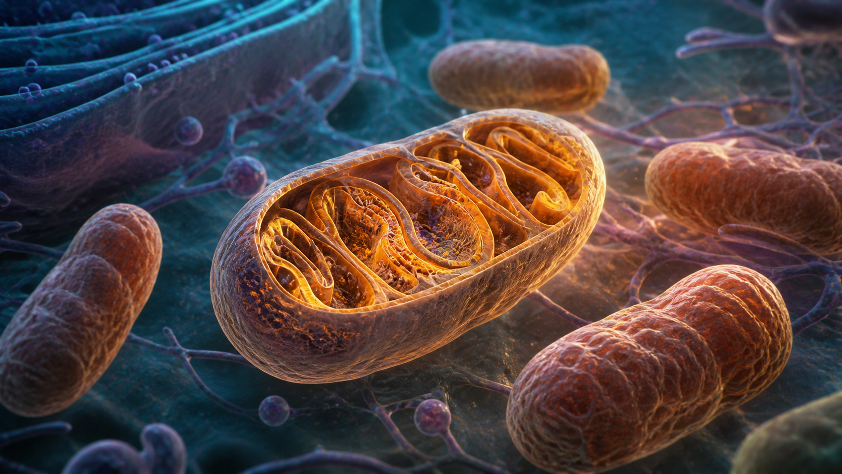 Editorial microscopic view of folded mitochondrial inner membranes inside a human cell