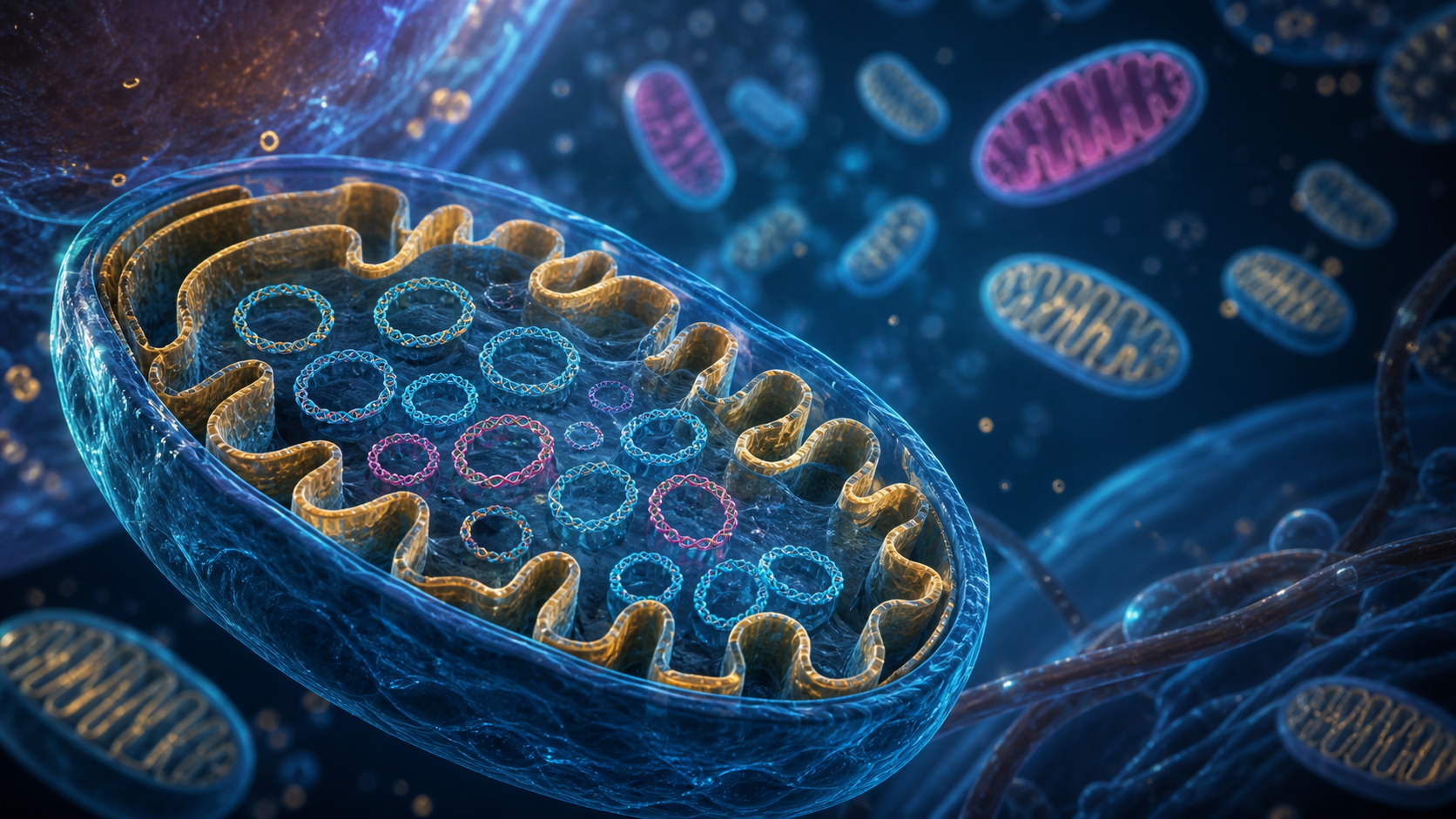 Scientific editorial scene of mitochondria containing a mosaic of normal and variant mitochondrial DNA molecules