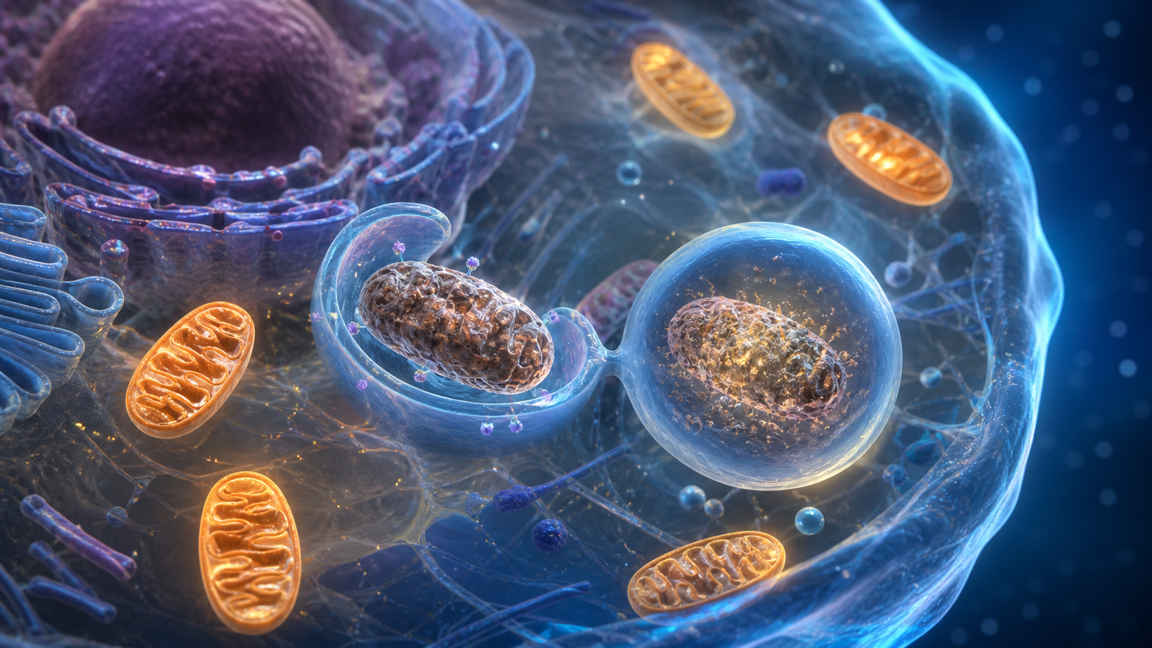 Scientific editorial illustration of a cell identifying and recycling a damaged mitochondrion