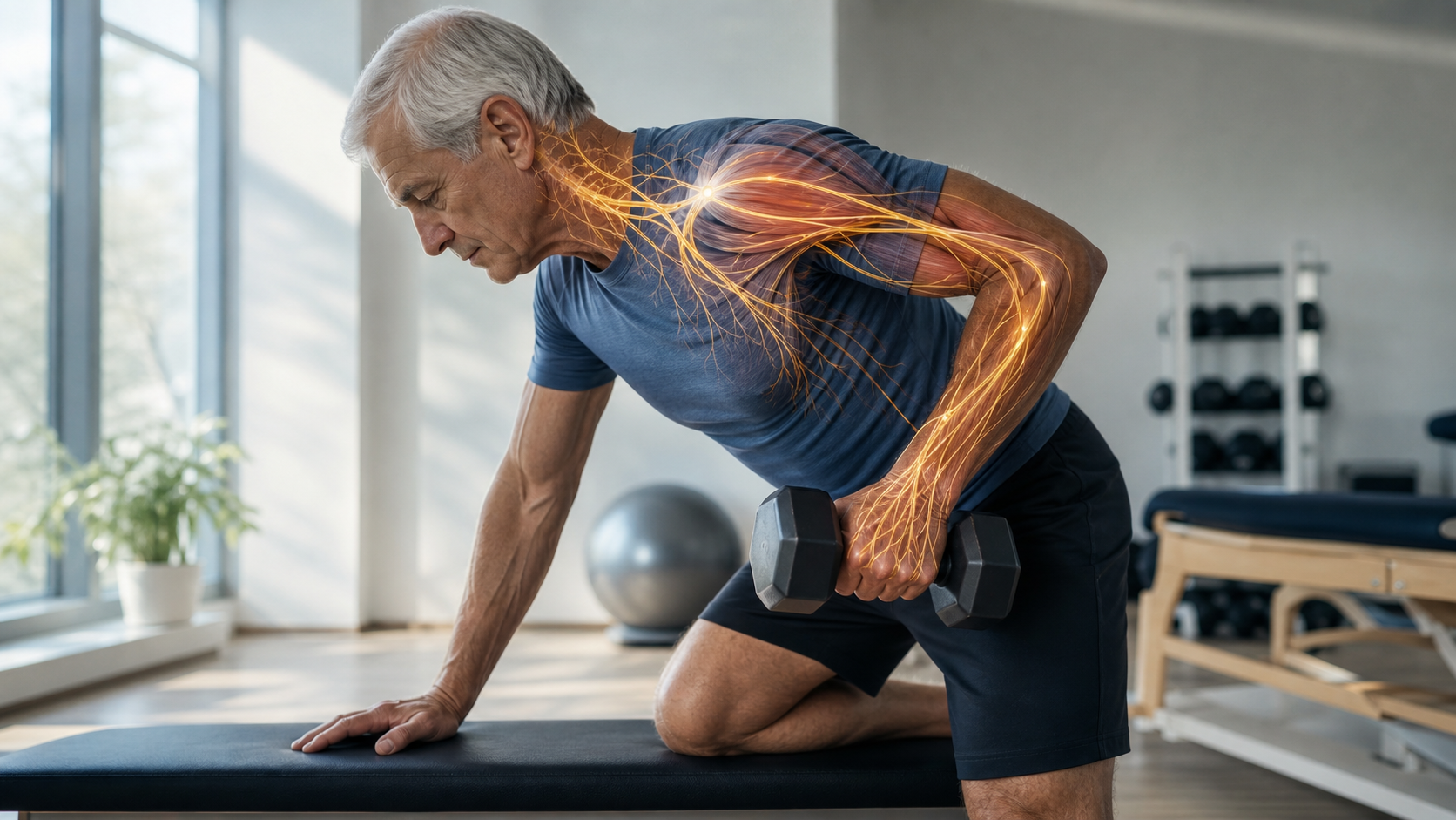 Scientific editorial view of an older adult lifting a light weight with illuminated nerve-to-muscle connections