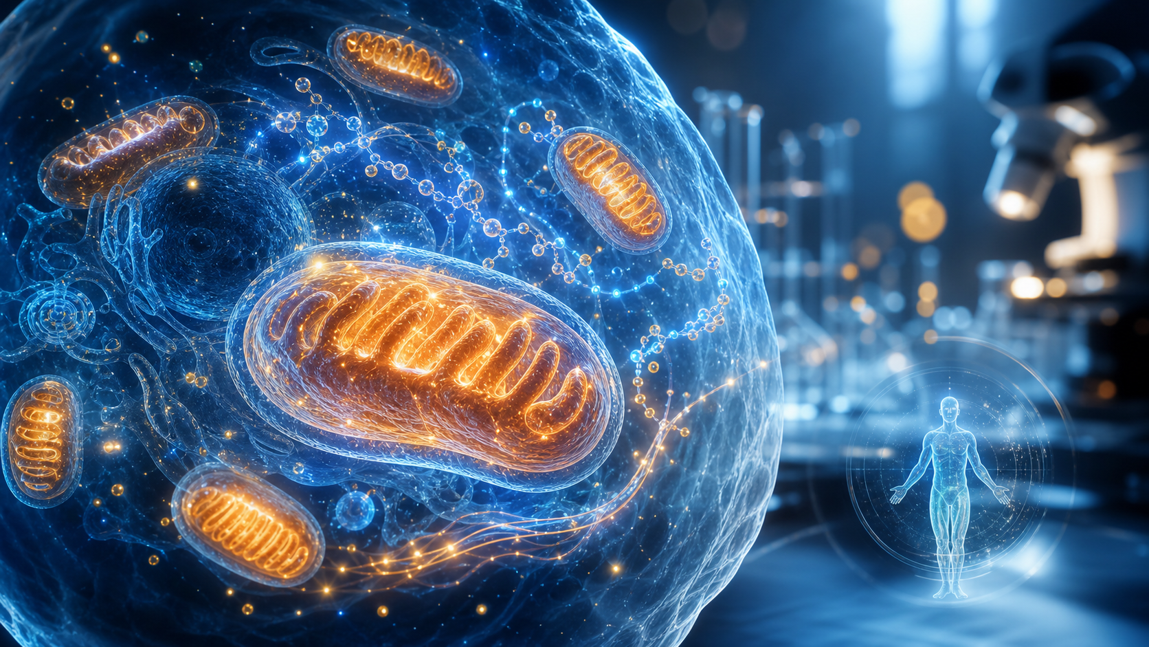Glowing mitochondria within human cells representing mitochondrial-derived peptides and healthy aging research