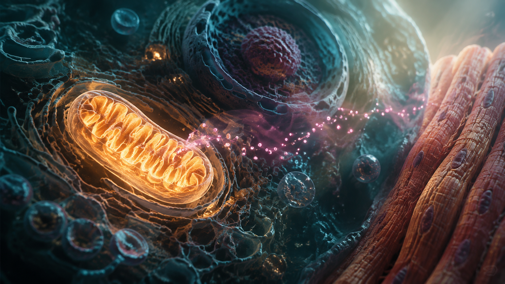 Biomedical illustration of a mitochondrion sending a peptide signal through a cell