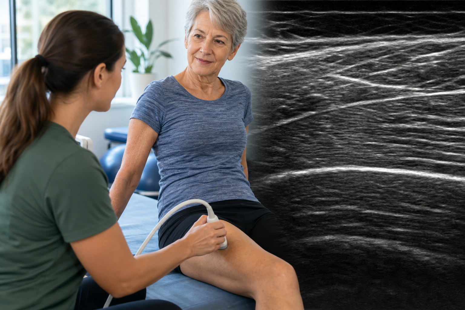 Older adult receiving a thigh ultrasound beside a grayscale muscle image