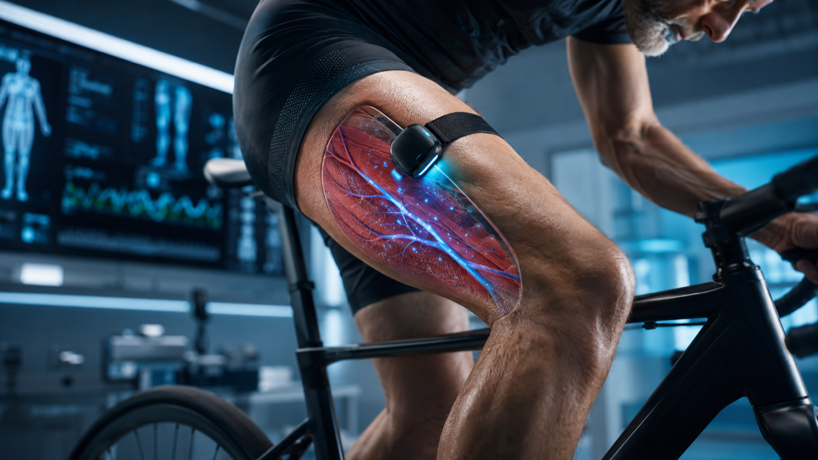 Near-infrared spectroscopy sensor measuring oxygen in working leg muscle