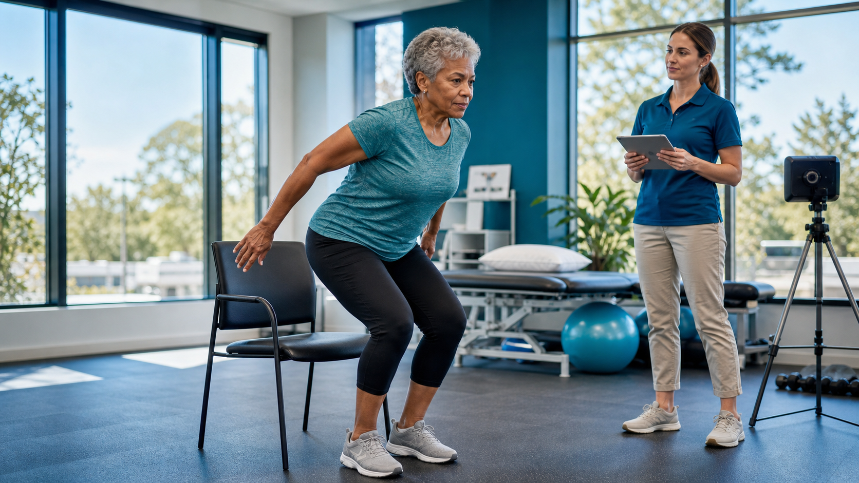 Older adult performing a safe fast chair rise under professional supervision