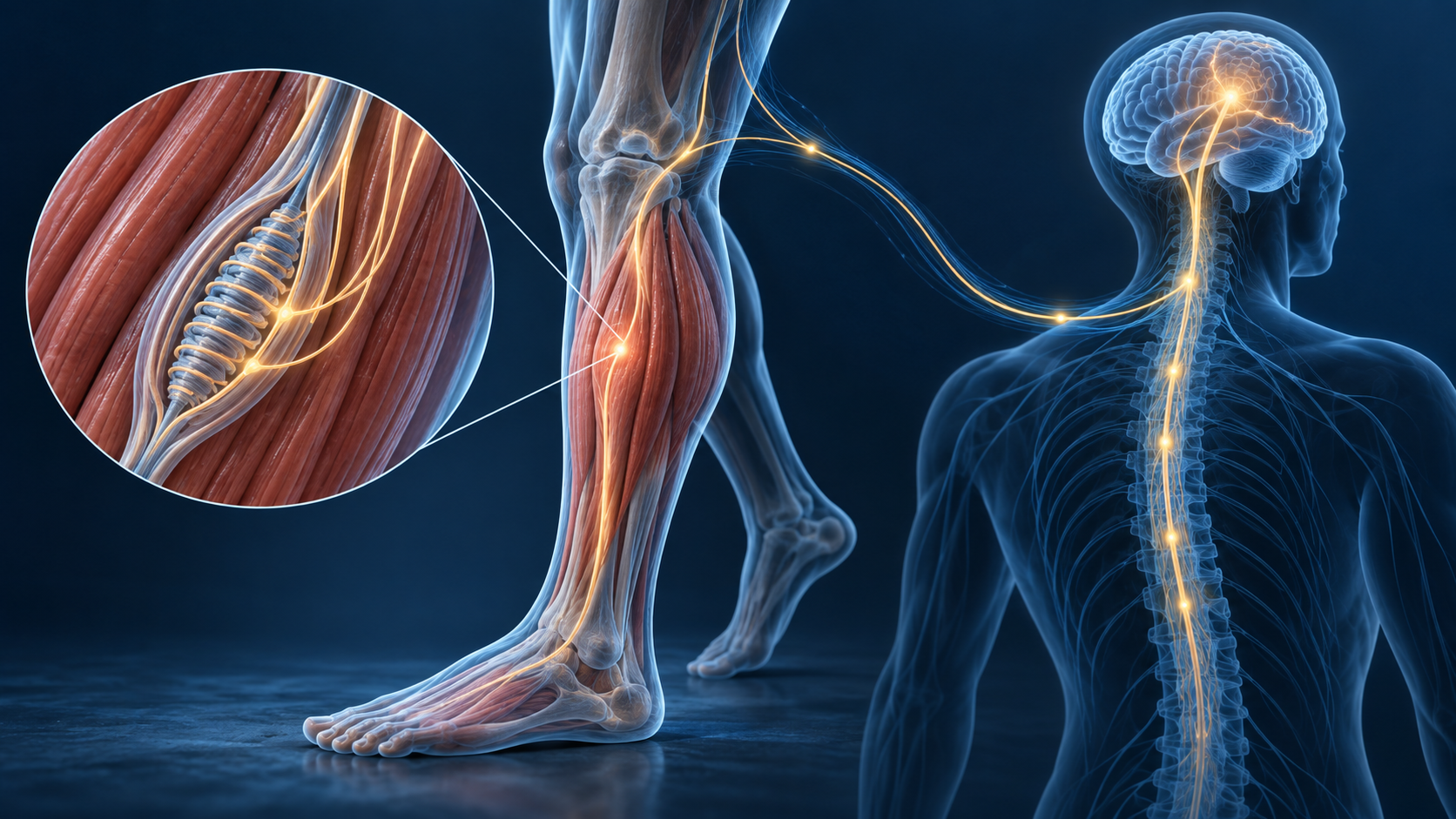 Scientific editorial illustration of sensory signals traveling from a leg muscle to the spinal cord and brain