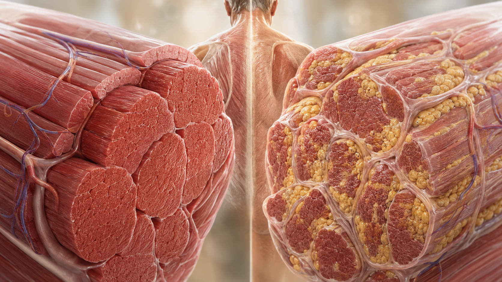 Healthy muscle fibers compared with fat-infiltrated aging muscle