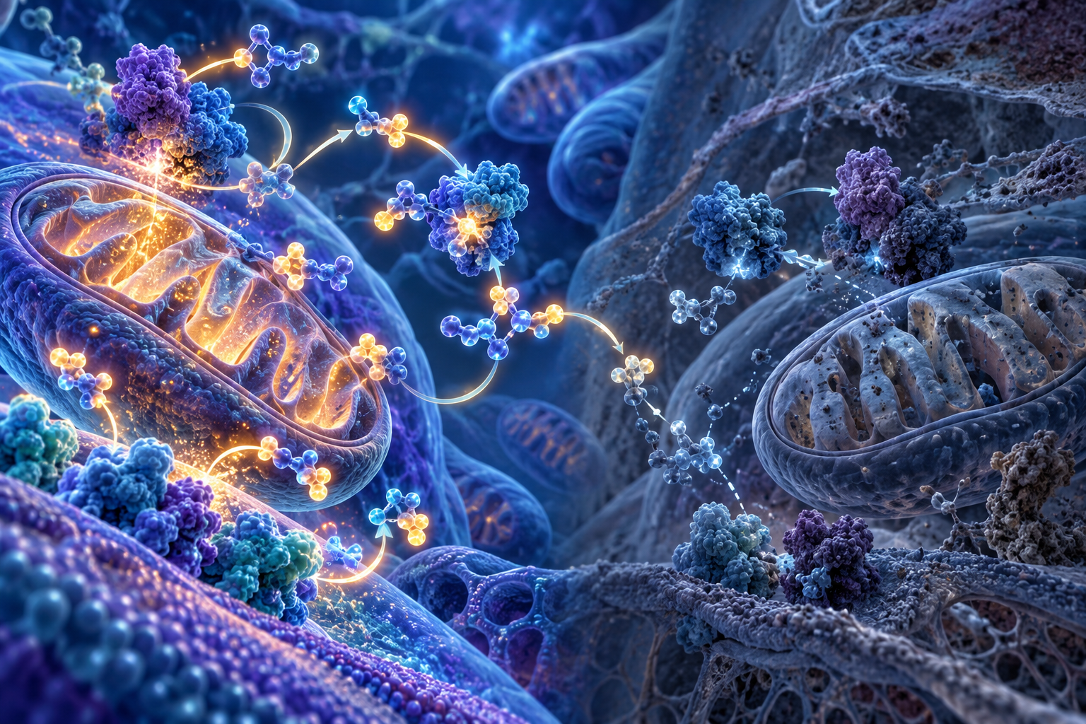 Original scientific illustration of NAD-related molecular exchange around metabolically active and stressed mitochondria