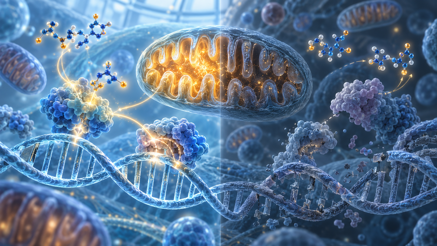 Glowing DNA strands and molecular structures in a genetics research laboratory