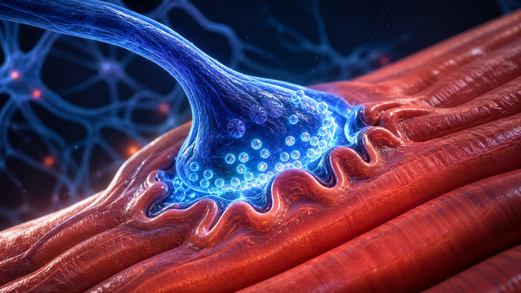 Scientific illustration of a motor neuron communicating with healthy skeletal muscle fibers