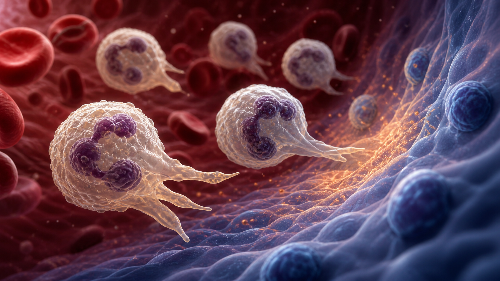 Neutrophils moving through a bloodstream toward a tissue signal
