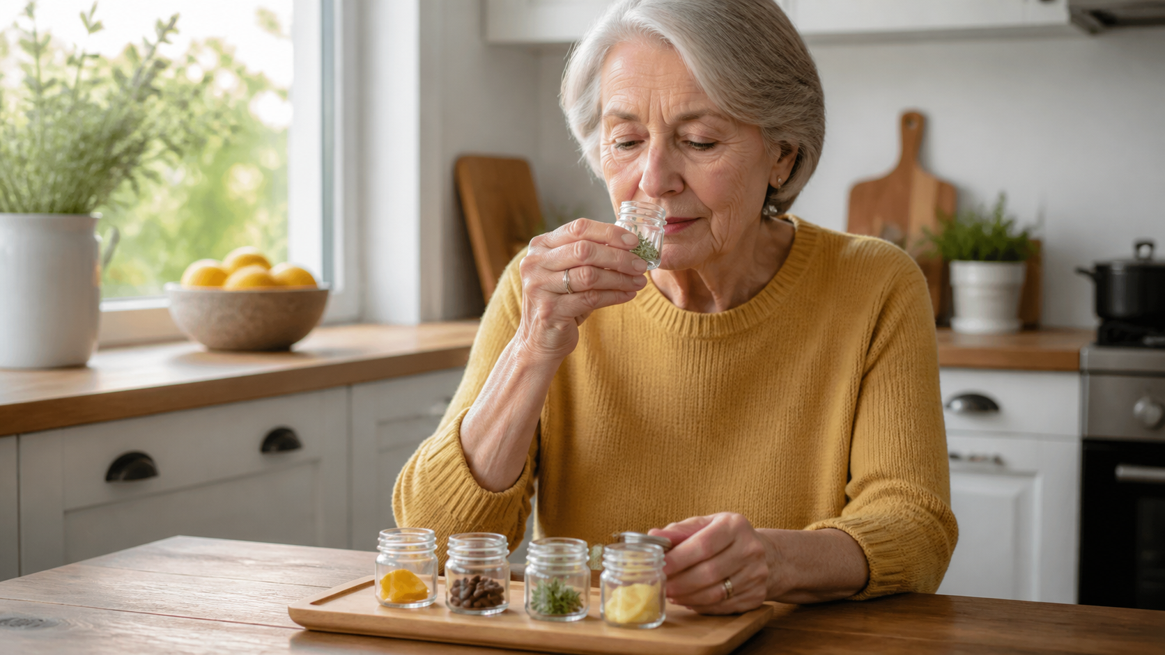Older adult calmly practicing smell identification with four small scent jars in a bright kitchen