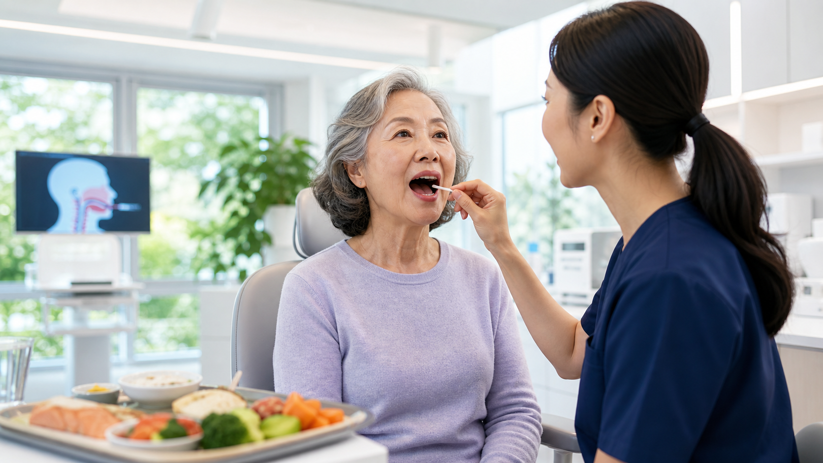 Older adult receiving a careful oral function assessment in a bright clinic