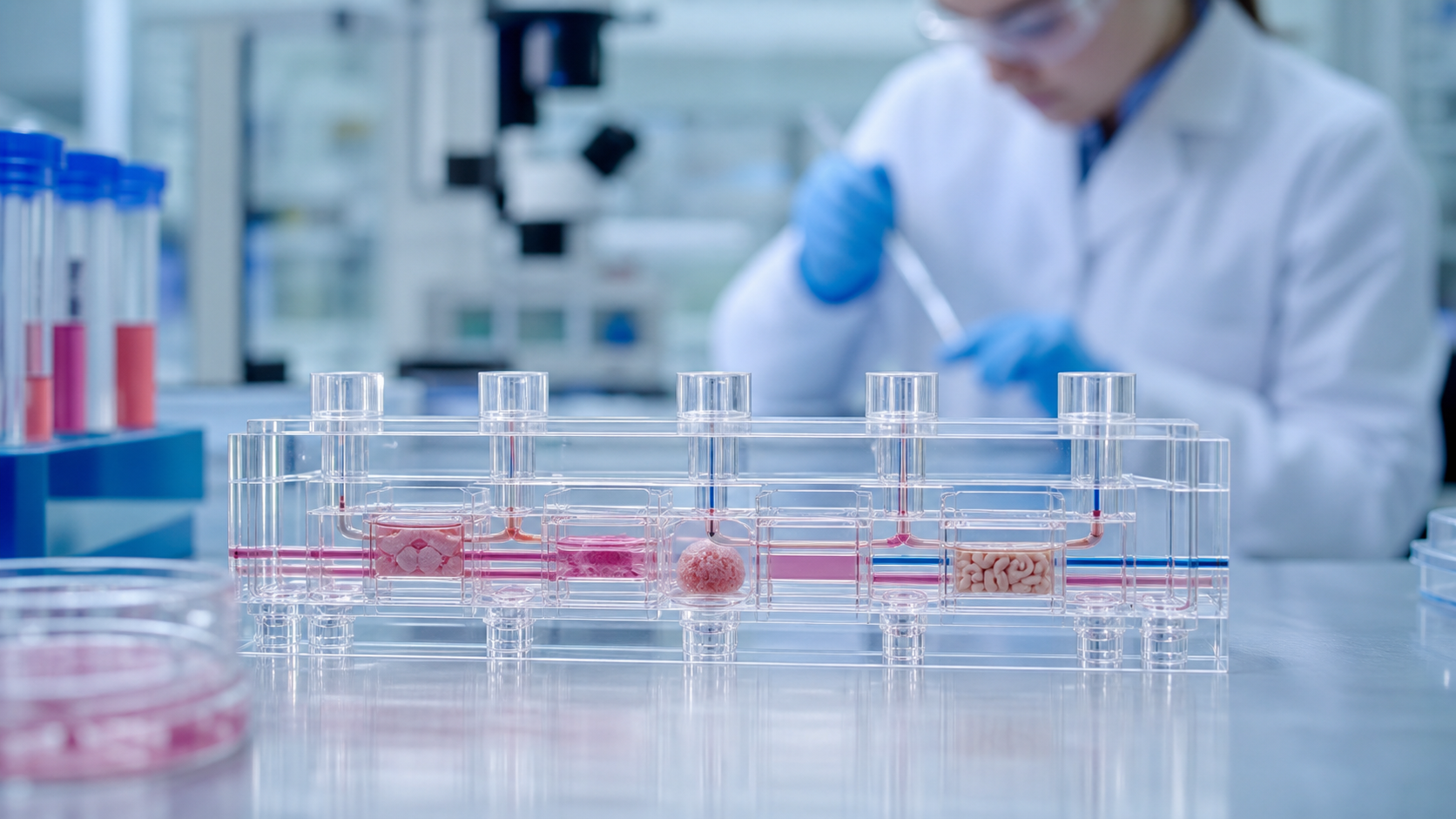 Advanced microfluidic device in a research laboratory, representing the organ-on-a-chip technology used in aging research.