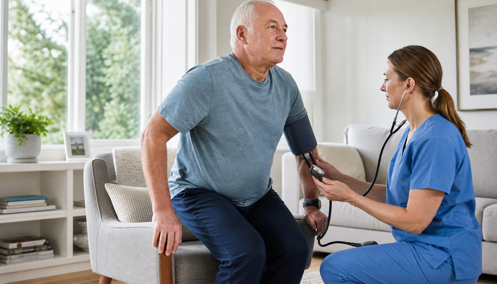 Older adult rising slowly from a chair while a clinician monitors blood pressure